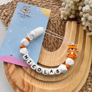 Silicone Pacifier Clip Holder, Teething Relief - Tiger Theme